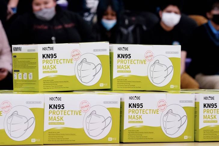 KN95 protective masks before being distributed to students at Camden High School in Camden, N.J., February 9, 2022